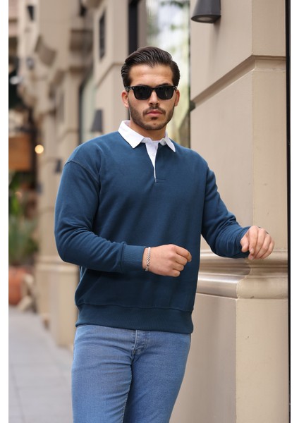 Polo Yaka Selanik Örme Kumaş Erkek Sweatshirt - Indigo fırsatları