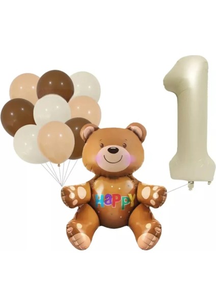 Ayı Folyo Balon Kahverengi Ten Rengi Beyaz Pastel Balon Set Doğum Günü Balon Seti 1 Yaş
