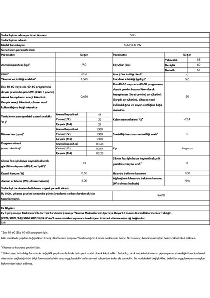 Seg Scm 9E10 Inv C Enerji Sınıfı 9 kg 1000 Devir Çamaşır Makinesi