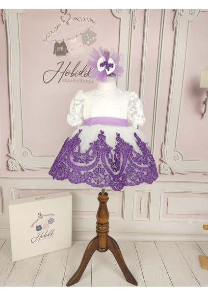 Kız Bebek Çocuk Doğum Günü Mor Dantelli Beyaz Kabarık Elbise