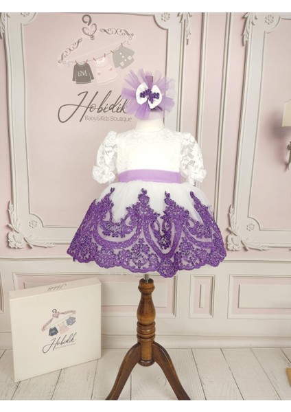 Kız Bebek Çocuk Doğum Günü Mor Dantelli Beyaz Kabarık Elbise
