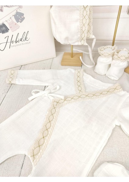 Hobidik Baby Kız Bebek Beyaz Müslin Yandan Bağlamalı Tulum Set