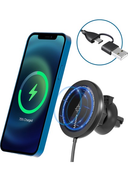 Mriowiz M-2002W 15W 360 Derece Dönen Magsafe Manyetik Araç Kablosuz Şarj Cihazı, Iphone 12 Serisi Için, USB + Usb-C / Type-C Veri Kablosu Ile, Kablo Uzunluğu: 1 M (Yurt Dışından)