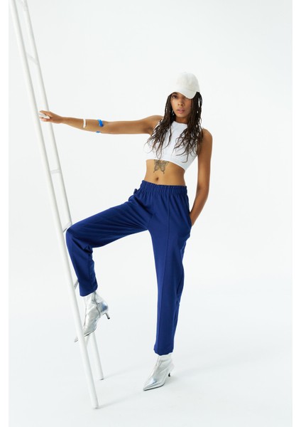 Lacivert Kadın Yüksek Ayarlanabilir Bel Comfort Fit Pamuklu Jogger Pantolon