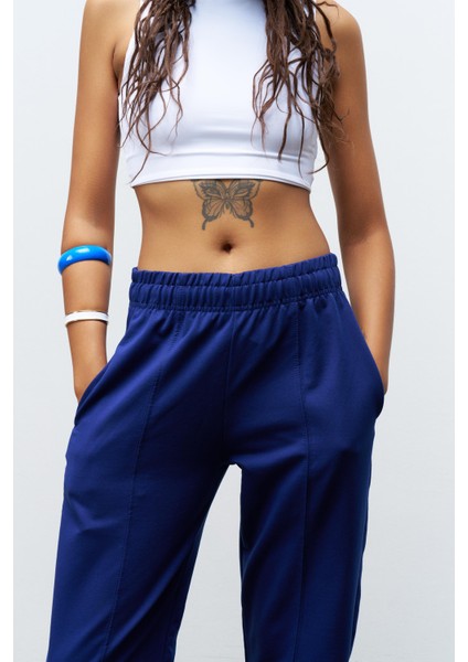 Lacivert Kadın Yüksek Ayarlanabilir Bel Comfort Fit Pamuklu Jogger Pantolon modelleri