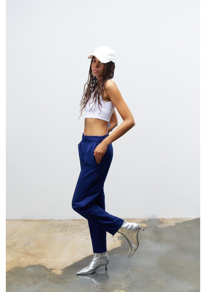 Lacivert Kadın Yüksek Ayarlanabilir Bel Comfort Fit Pamuklu Jogger Pantolon fırsatları