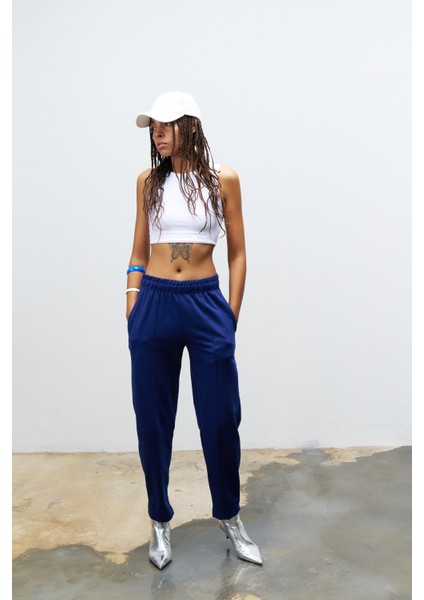 Lacivert Kadın Yüksek Ayarlanabilir Bel Comfort Fit Pamuklu Jogger Pantolon indirimleri
