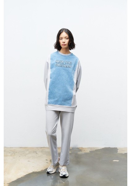 Boyalı Gri Kadın Denim Üzeri Nakış Işlemeli Bisiklet Yaka Sweatshirt Dar Paça Pantolon Pamuklu Örme Alt Üst Takım