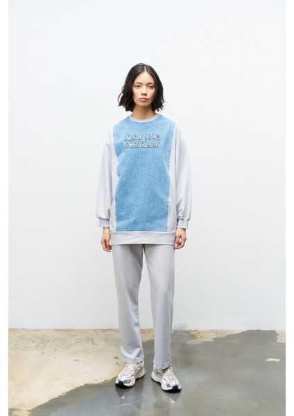 Boyalı Gri Kadın Denim Üzeri Nakış Işlemeli Bisiklet Yaka Sweatshirt Dar Paça Pantolon Pamuklu Örme Alt Üst Takım modelleri
