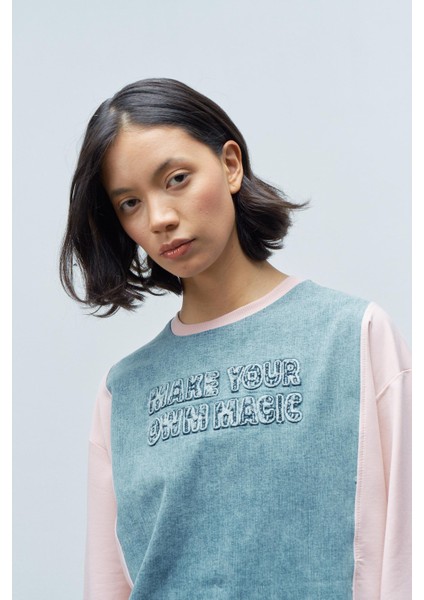 Pembe Kadın Denim Üzeri Nakış Işlemeli Bisiklet Yaka Sweatshirt Dar Paça Pantolon Pamuklu Örme Alt Üst Takım fırsatları