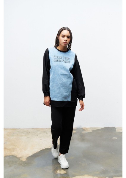 Siyah Kadın Denim Üzeri Nakış Işlemeli Bisiklet Yaka Sweatshirt Dar Paça Pantolon Pamuklu Örme Alt Üst Takım
