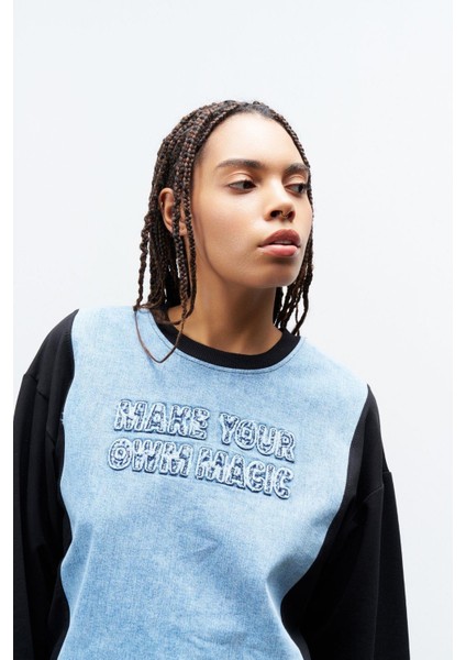 Siyah Kadın Denim Üzeri Nakış Işlemeli Bisiklet Yaka Sweatshirt Dar Paça Pantolon Pamuklu Örme Alt Üst Takım fırsatları