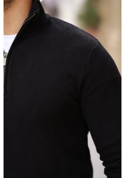 Selanik Örme Kumaş Yarım Fermuar Erkek Sweatshirt - Siyah