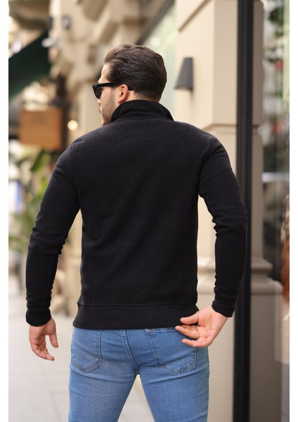 Selanik Örme Kumaş Yarım Fermuar Erkek Sweatshirt - Siyah fiyatları