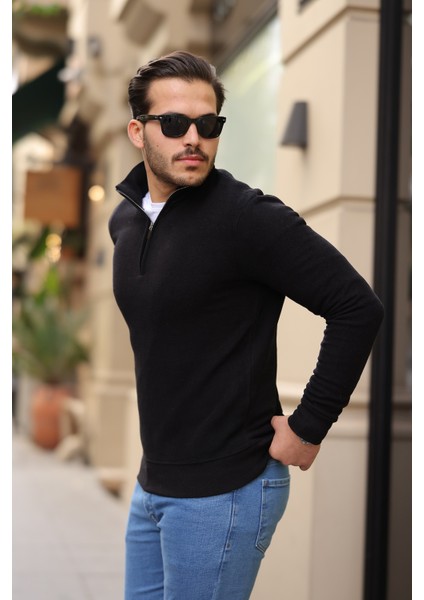 Selanik Örme Kumaş Yarım Fermuar Erkek Sweatshirt - Siyah modelleri