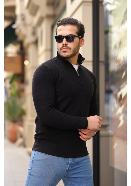 Selanik Örme Kumaş Yarım Fermuar Erkek Sweatshirt - Siyah fırsatları