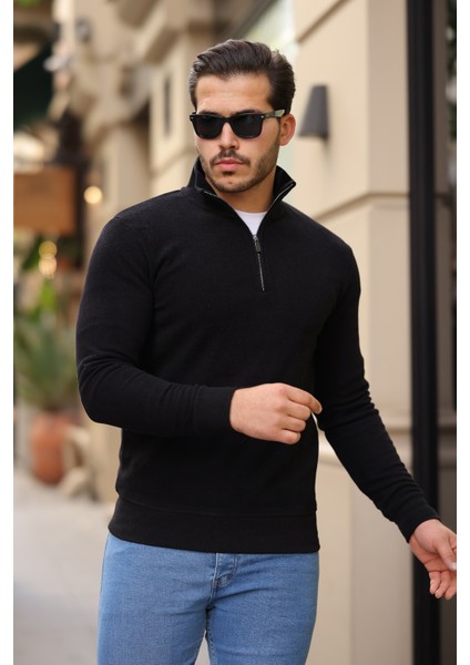 Selanik Örme Kumaş Yarım Fermuar Erkek Sweatshirt - Siyah indirimleri
