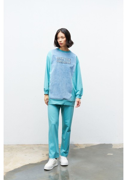 Su Yeşili Kadın Denim Üzeri Nakış Işlemeli Bisiklet Yaka Sweatshirt Dar Paça Pantolon Pamuklu Örme Alt Üst Takım fiyatları