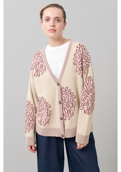 V Yaka Düğmeli Yün Hırka Bordo-Bej K2571017_650