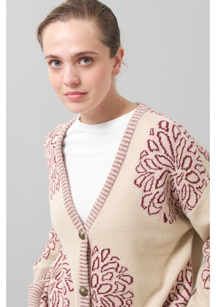 V Yaka Düğmeli Yün Hırka Bordo-Bej K2571017_650 modelleri