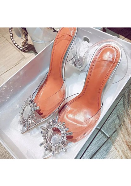 Kadın Princess Gümüş Nude Taba Beyaz Şeffaf Topuklu Taşlı Stiletto Sivri Burunlu Sandalet Ayakkabı