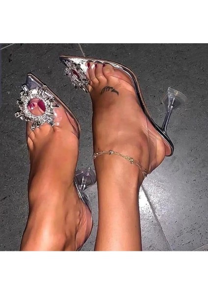Kadın Princess Gümüş Nude Taba Beyaz Şeffaf Topuklu Taşlı Stiletto Sivri Burunlu Sandalet Ayakkabı