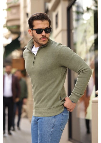 Selanik Örme Kumaş Yarım Fermuar Erkek Sweatshirt - Haki