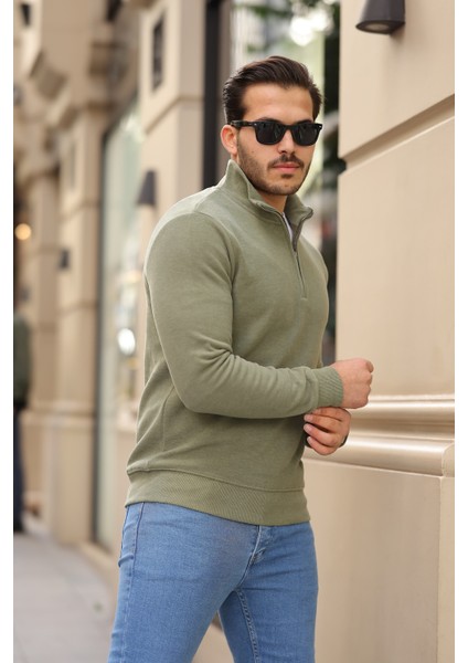 Selanik Örme Kumaş Yarım Fermuar Erkek Sweatshirt - Haki