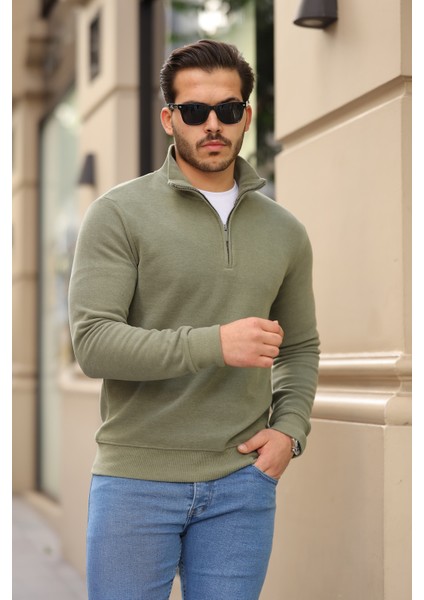 Selanik Örme Kumaş Yarım Fermuar Erkek Sweatshirt - Haki