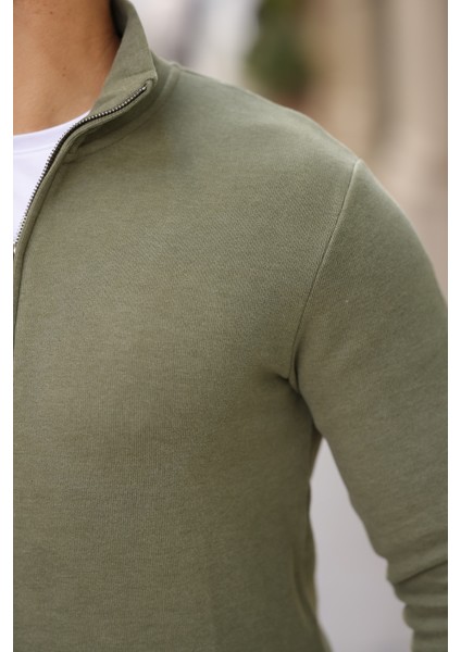 Selanik Örme Kumaş Yarım Fermuar Erkek Sweatshirt - Haki