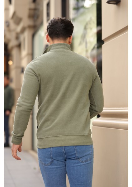 Selanik Örme Kumaş Yarım Fermuar Erkek Sweatshirt - Haki