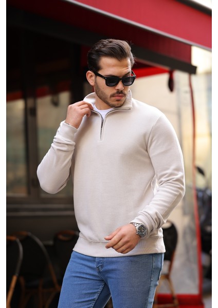 Selanik Örme Kumaş Yarım Fermuar Erkek Sweatshirt - Taş