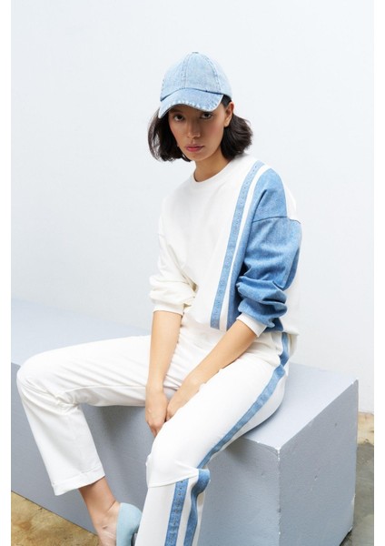 Ekru Kadın Üst ve Alt Denim Üzeri Taş Detaylı Pamuklu Örme Alt Üst Takım