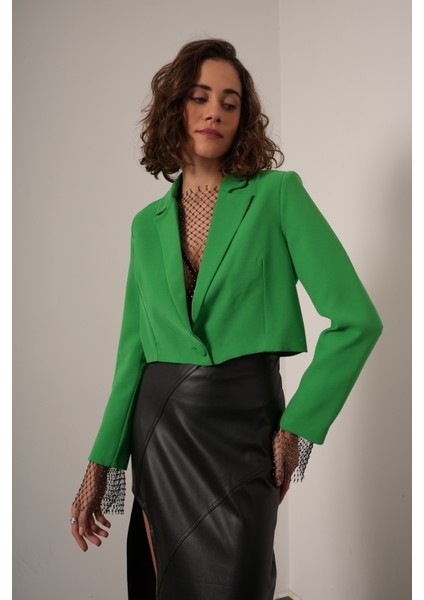 Düğmeli Yeşil Crop Blazer Ceket