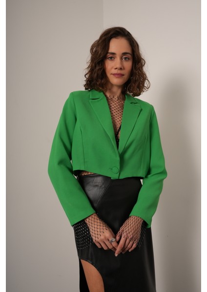 Düğmeli Yeşil Crop Blazer Ceket