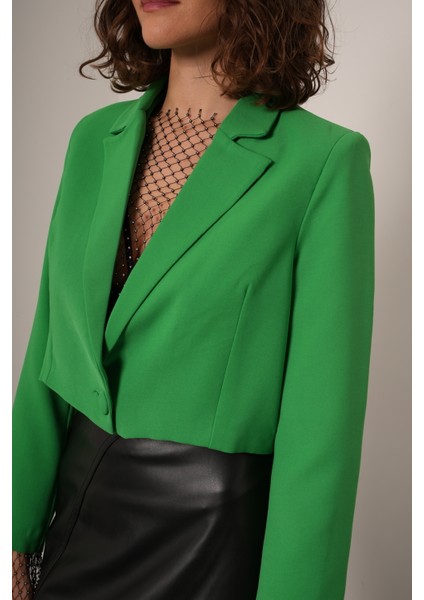 Düğmeli Yeşil Crop Blazer Ceket