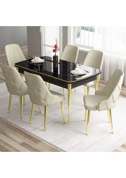 Tia Serisi, Siyah Mermer Desen 80X132 Açılabilir Mdf Mutfak Masa Takımı 6 Sandalye Gold Detay