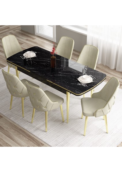 Tia Serisi, Siyah Mermer Desen 80X132 Açılabilir Mdf Mutfak Masa Takımı 6 Sandalye Gold Detay fiyatları