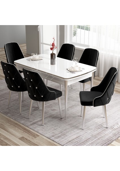 Tia Serisi, Beyaz MASA,80X132 Açılabilir Mdf Mutfak Masa Takımı 6 Sandalye Gümüş Detay