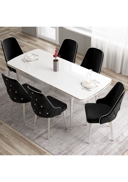 Tia Serisi, Beyaz MASA,80X132 Açılabilir Mdf Mutfak Masa Takımı 6 Sandalye Gümüş Detay fiyatları