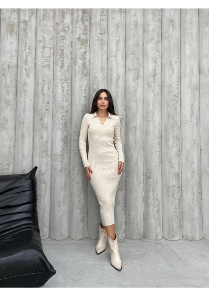 Kadın Elbise Uzun Triko Kışlık Polo Yaka Likralı Kalem Elbise