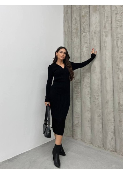 Kadın Elbise Uzun Triko Kışlık Polo Yaka Likralı Kalem Elbise