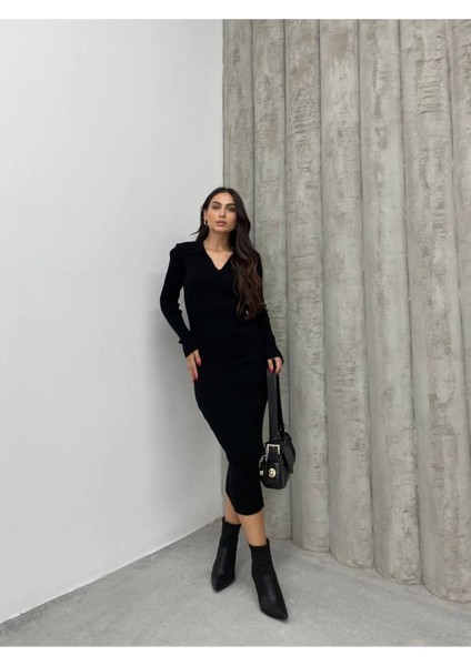 Kadın Elbise Uzun Triko Kışlık Polo Yaka Likralı Kalem Elbise fiyatları