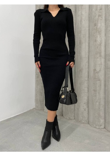 Kadın Elbise Uzun Triko Kışlık Polo Yaka Likralı Kalem Elbise modelleri