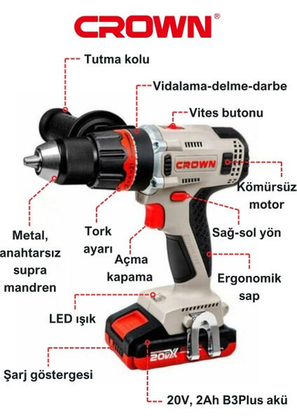 Çift Vitesli Akülü Vidalama 20 V - 2 AH CT21093HMX 2 Bmc - Bakır Sargılı Kömürsüz Motorlu Çift Akülü Şarjlı Darbeli Matkap