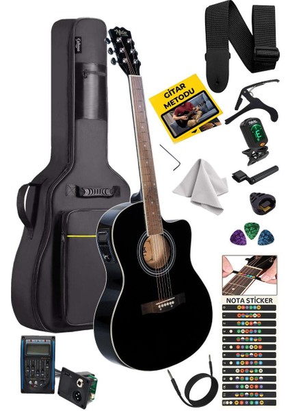 XC-300XBK-EQ Profesyonel Siyah Elektro Akustik Gitar 4/4 Yetişkin Üst Segment (Gigbag Çanta Tuner Capo Askı Jak Kablo Pena)