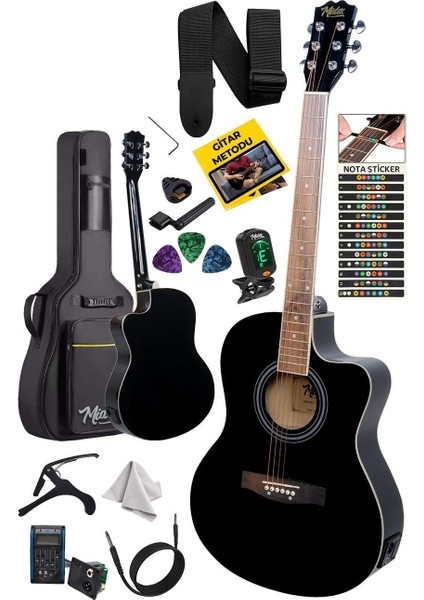 XC-300XBK-EQ Profesyonel Siyah Elektro Akustik Gitar 4/4 Yetişkin Üst Segment (Gigbag Çanta Tuner Capo Askı Jak Kablo Pena)