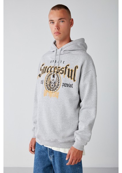 Persısted Erkek Içi Polarlı Kolej Baskılı Kapüşonlu Kordonlu Grimelanj Sweatshirt