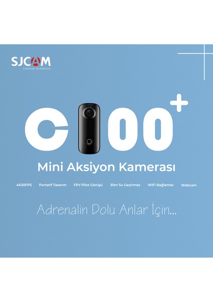 C100+ 4K UHD 2160p WiFi 15MP EIS 115° H.265 30 Metre Su Geçirmezlik Mini Aksiyon Kamerası Siyah