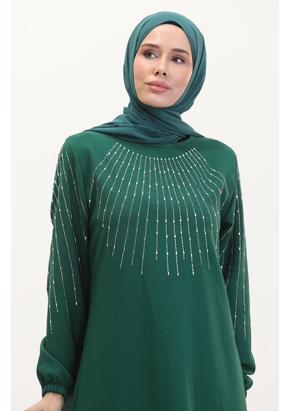 Taşlı Abiye Elbise 0521-05 Zümrüt Yeşili modelleri